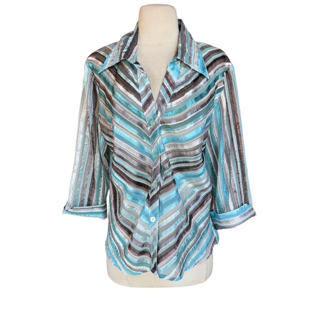 1990s Dress Barn Striped‎ Semi-Sheer Button Down Top